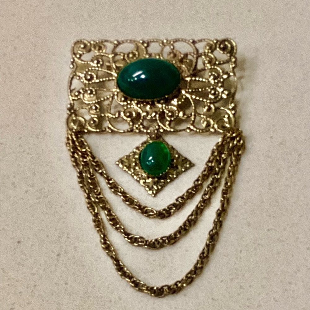 Eclectic Grandpa Gold and Green Filagree Brooch Pin